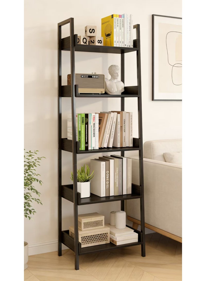 Ladder Bookshelf 5 Tier, Industrial Open Storage Shelf, Sturdy Metal Frame & Wood Look Display Rack for Books, Plants, Decor（SGG042-Black） - Image 1